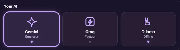 AI brain selector with Gemini, Groq and Ollama, Glass look