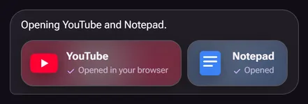 Eon's reply showing opened YouTube and Notepad cards with real logos, Glass look