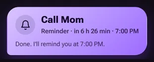 Eon reminder notification card set for 7 PM, Glass look