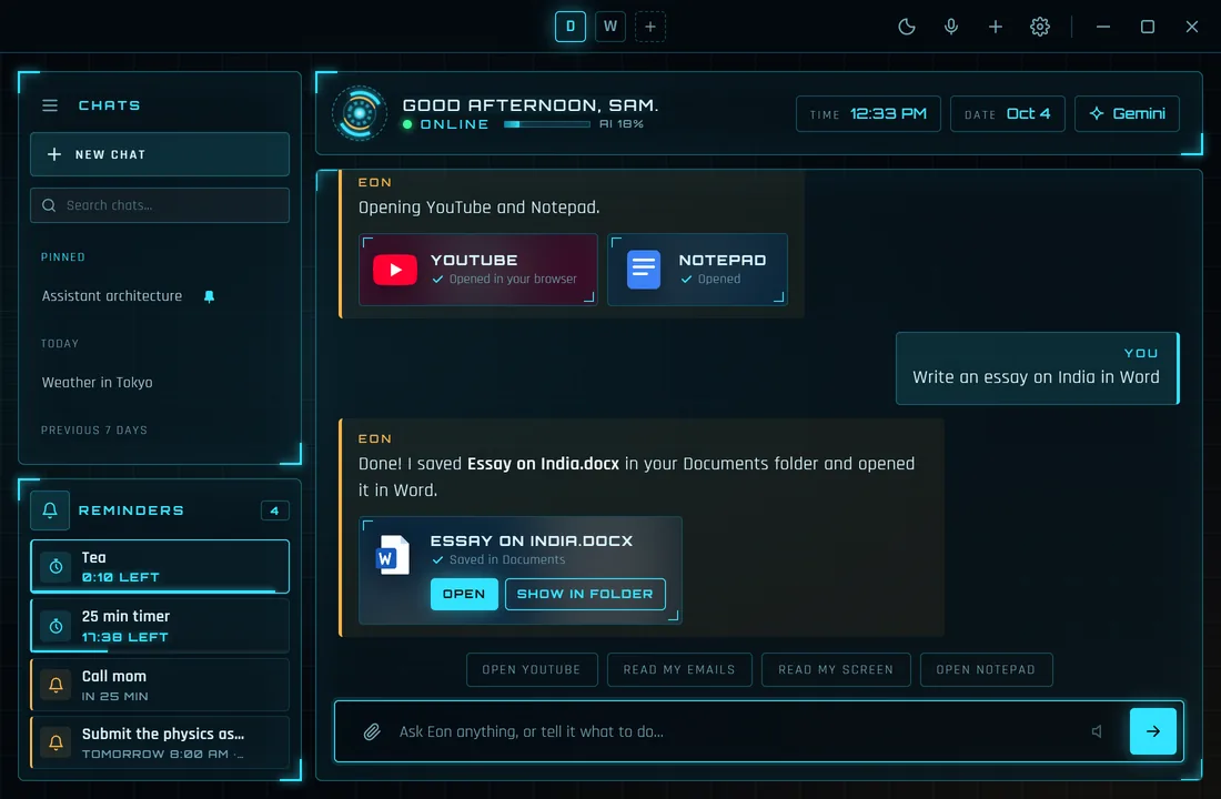 The Eon app: chat with opened-app and saved-document cards, Jarvis look
